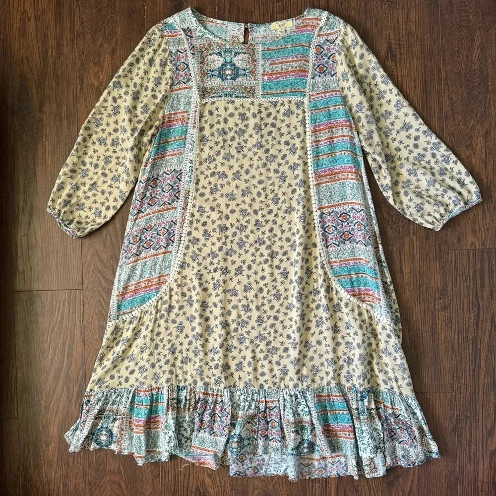 Kori Patchwork Tunic Floral Boho Long Sleeve Ruffle Dress Women’s Size Medium